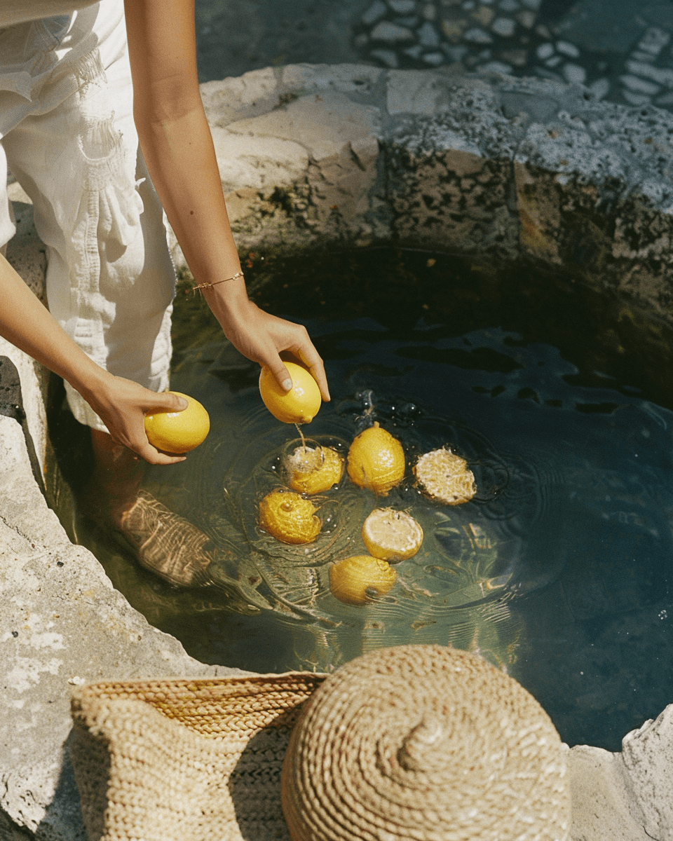 Hands gently placing fresh lemons into a rustic stone water basin in warm sunlight