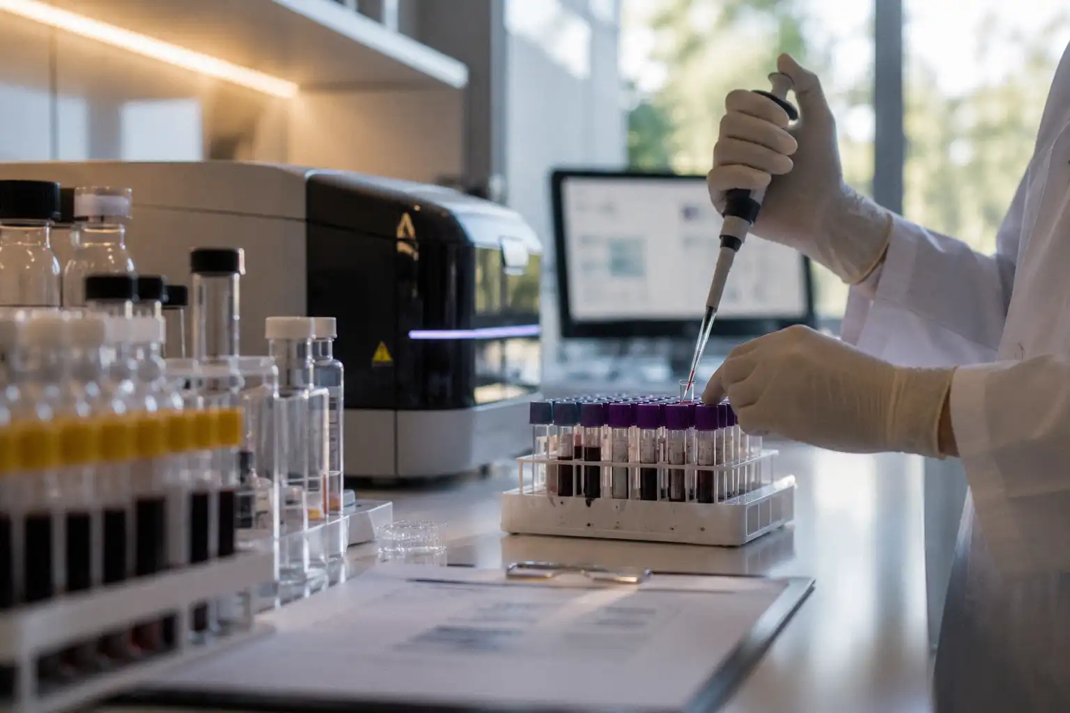 Laboratory technician processing blood samples using advanced diagnostic testing equipment.