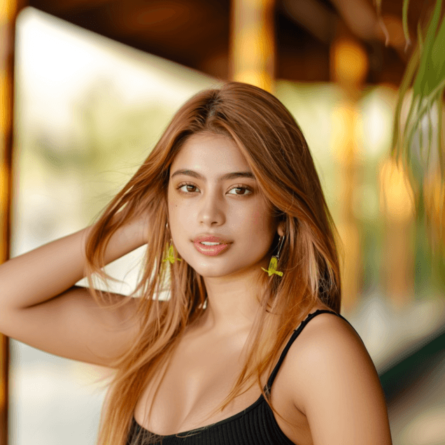 Young woman with long hair, wearing a black top and green earrings, posing outdoors.