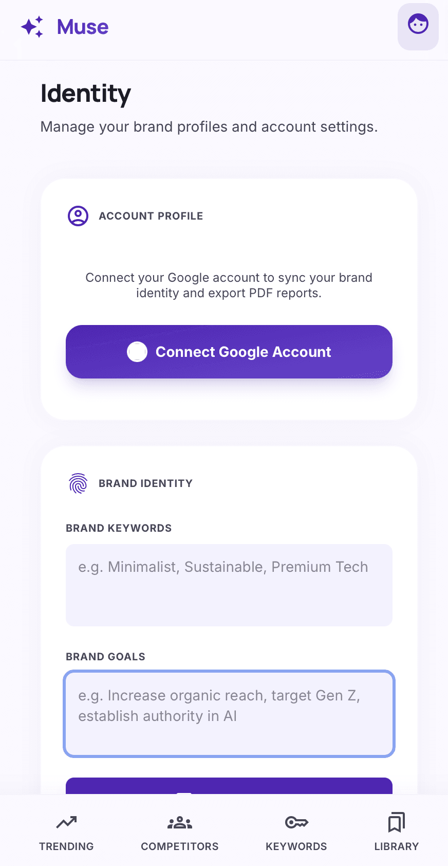 Introduction Page. Where users would be able to connect to their google, input their brand goals and keywords that they already have, change light/dark mode