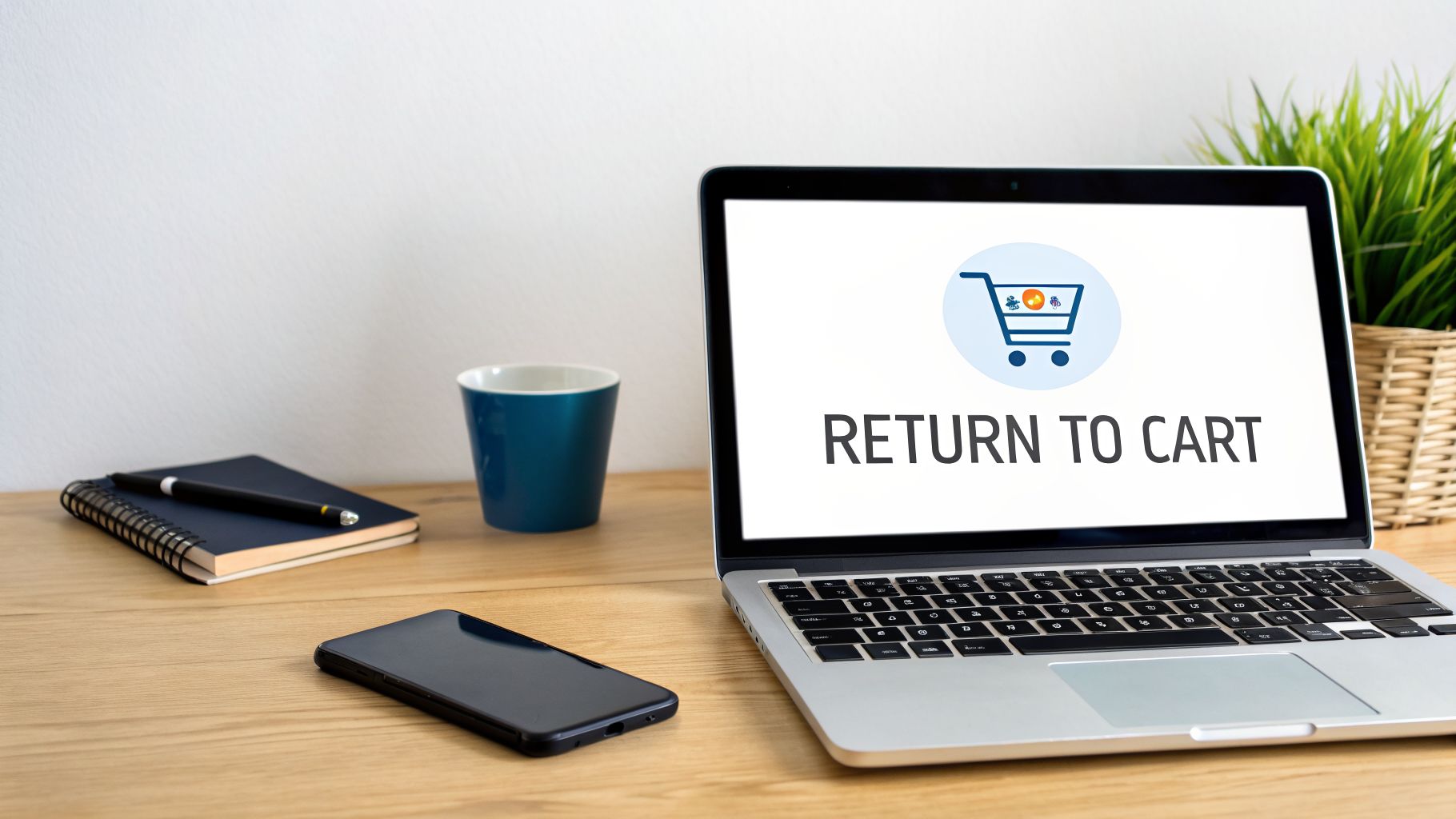 A laptop on a wooden desk displays 'RETURN TO CART' with a shopping cart icon, beside a phone, notebook, and mug.
