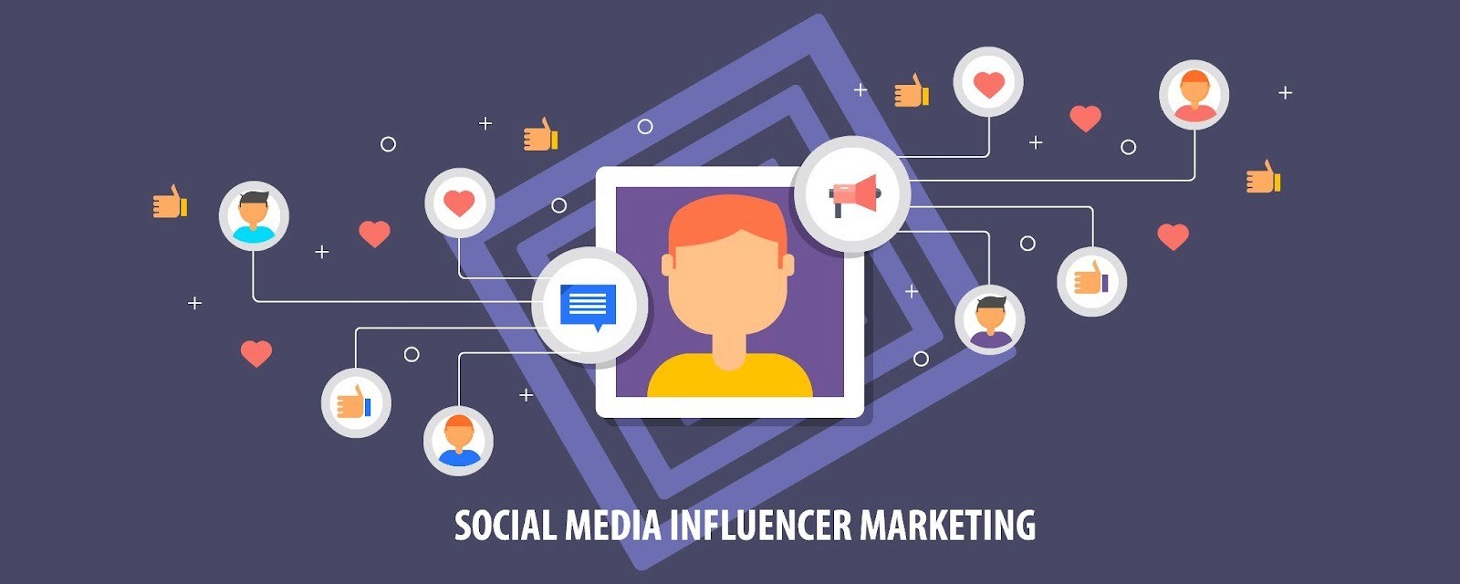 Social media influencer marketing illustration showing a creator connected to an audience network with likes, comments, and engagement icons
