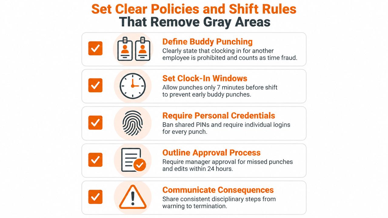 A list of five corporate policies designed to eliminate gray areas and prevent time theft or buddy punching.
