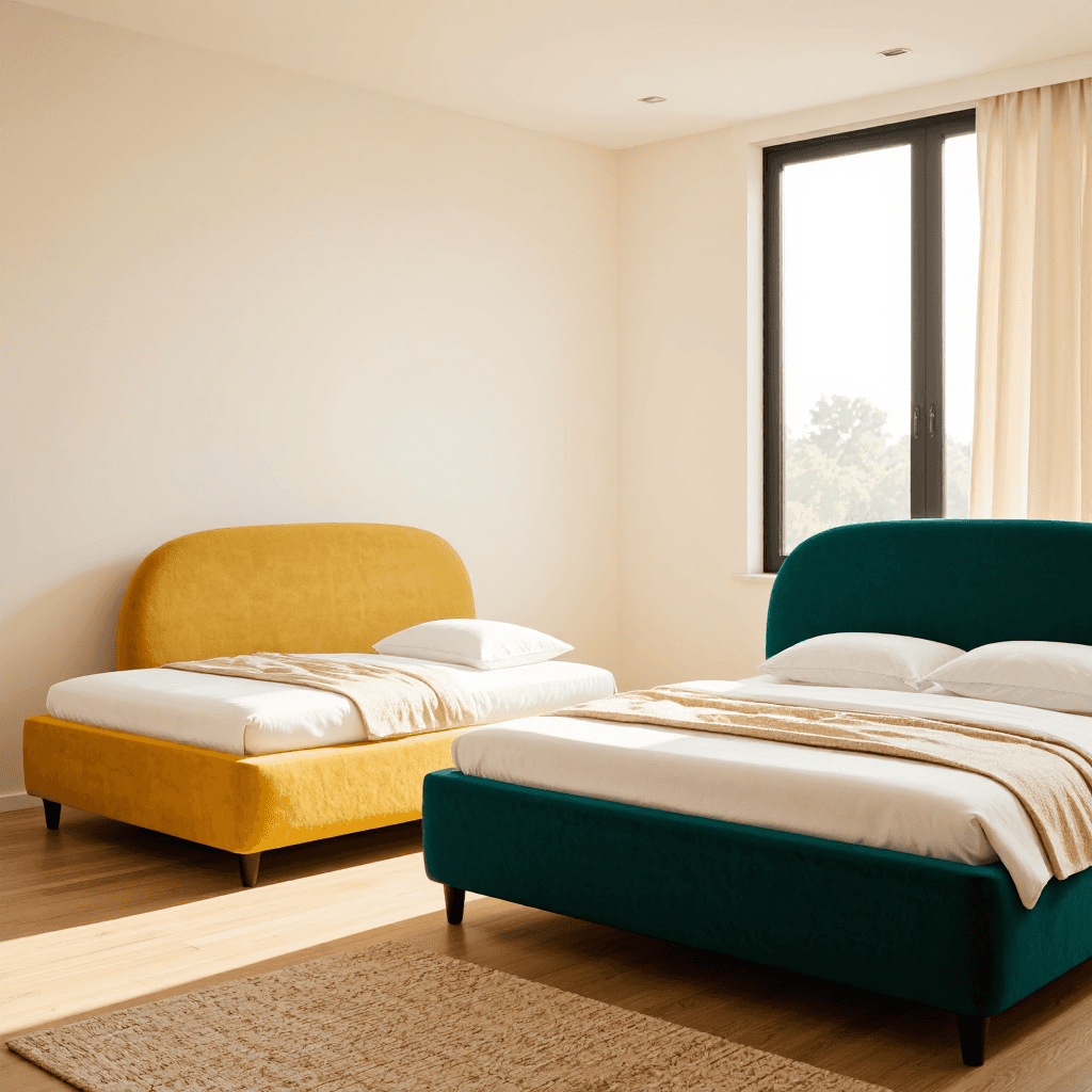 product photography of a pair of upholstered beds with rounded headboards, suitable for bedrooms