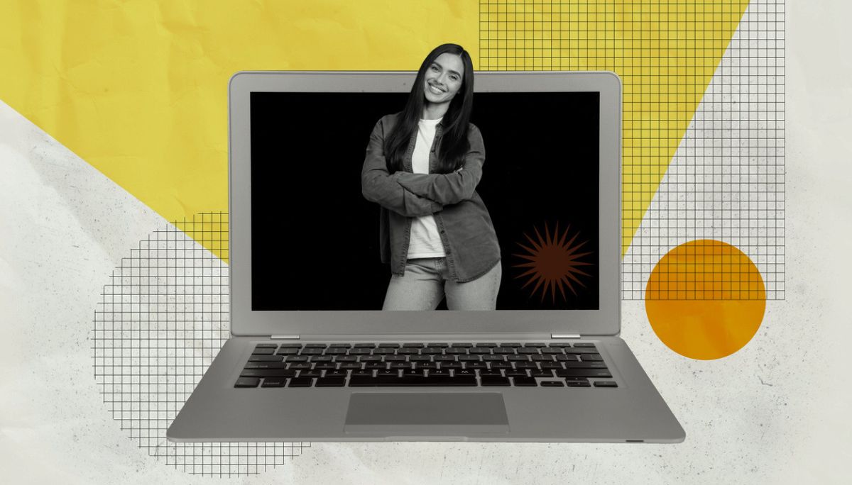 Laptop screen with grayscale portrait and abstract geometric shapes, symbolizing what an app is and how it differs from other software.