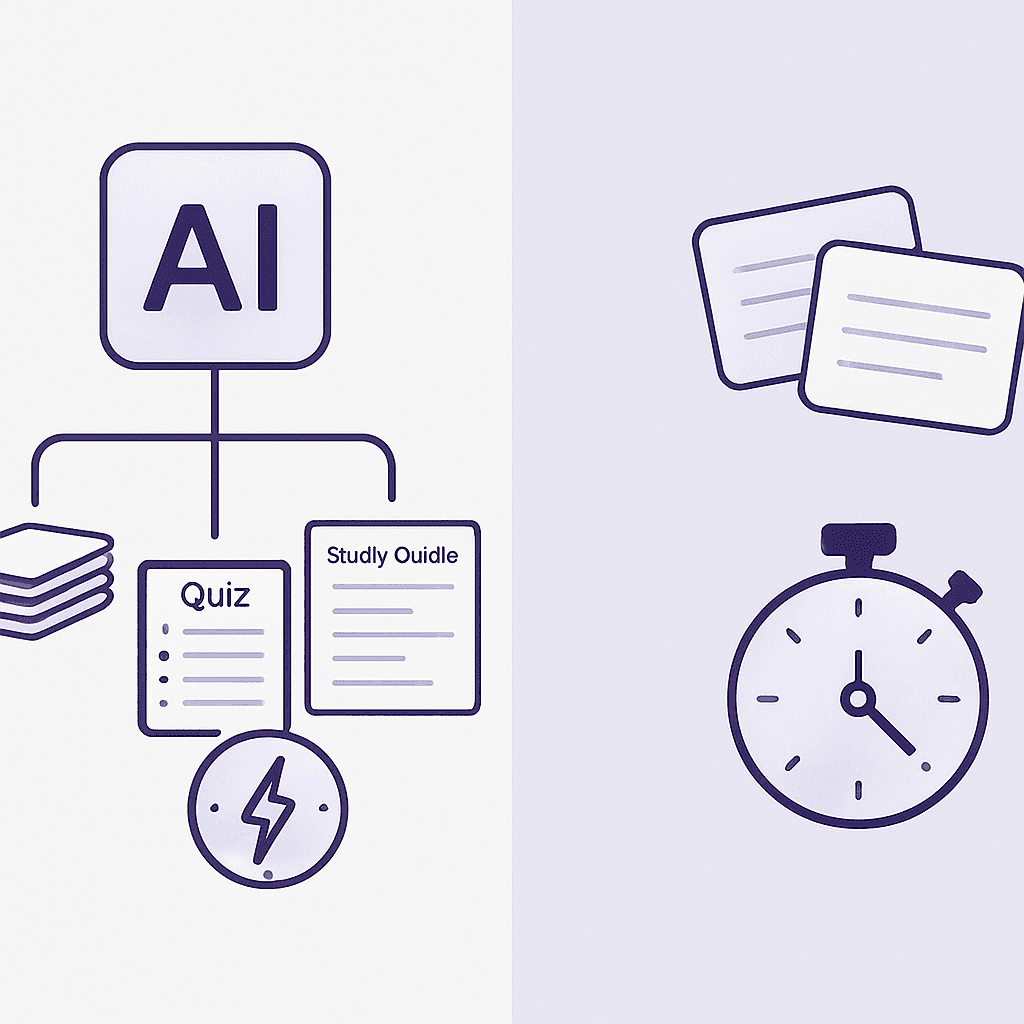 Side-by-side icons contrasting an all-in-one AI study suite with a basic flashcard generator
