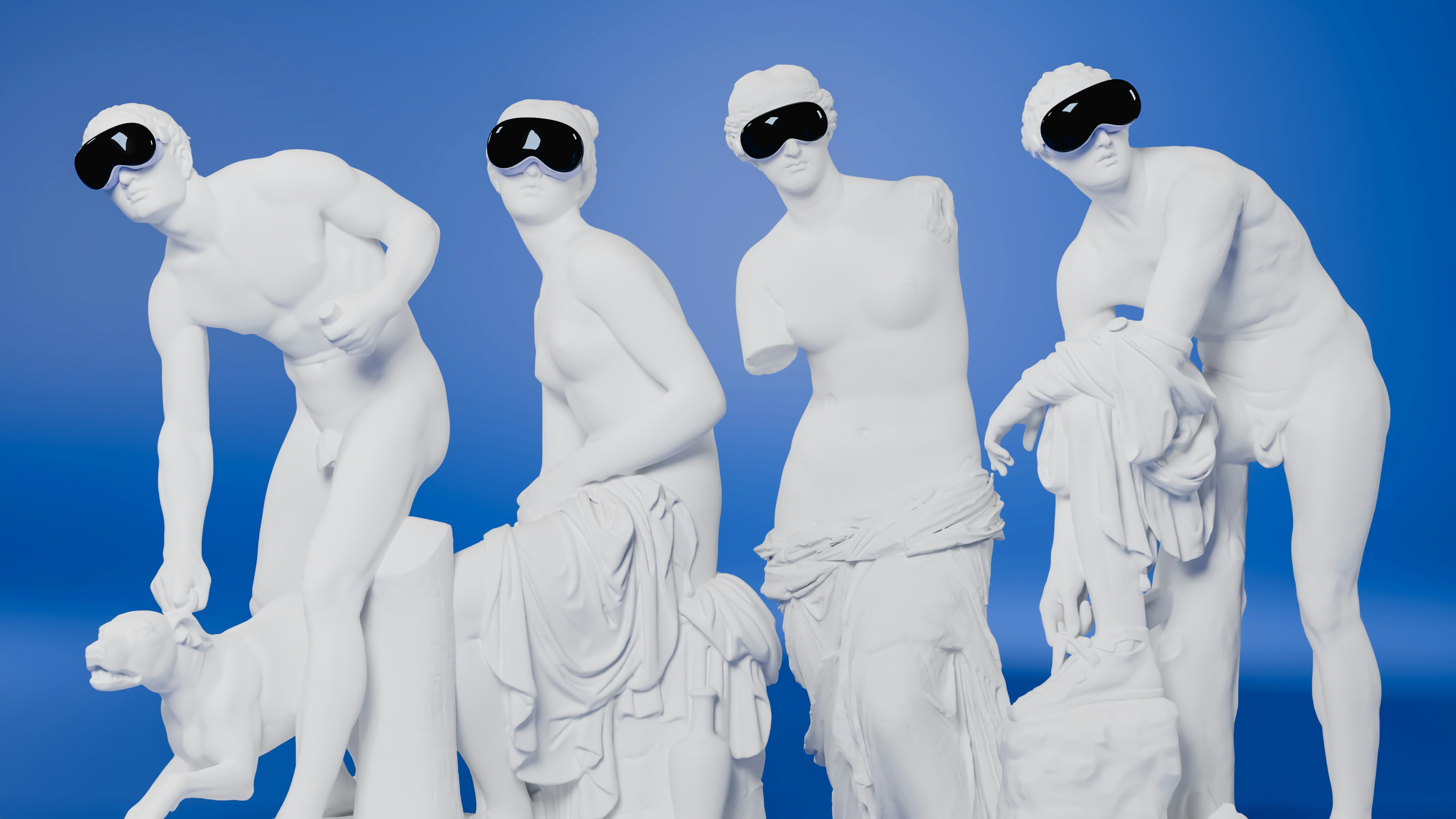 Four white statues wearing XR headsets in front of a bright blue background