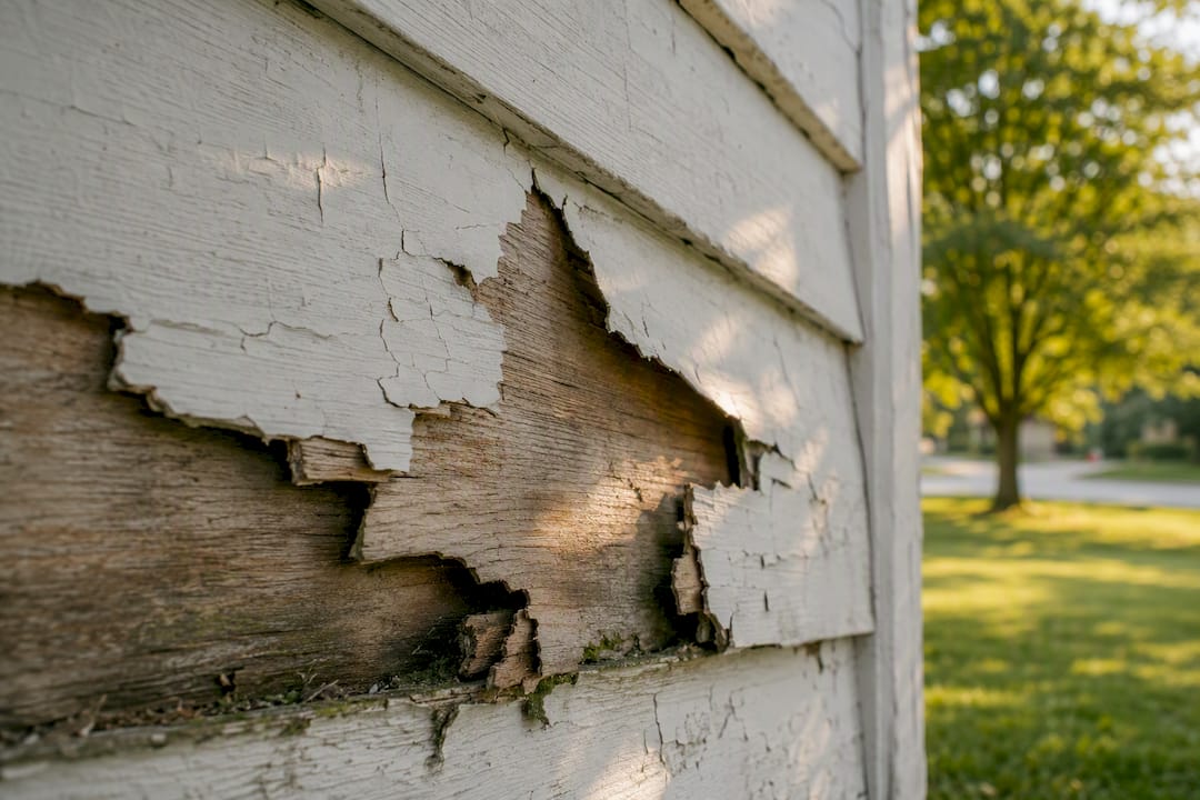 Peeling paint film on wood siding close-up