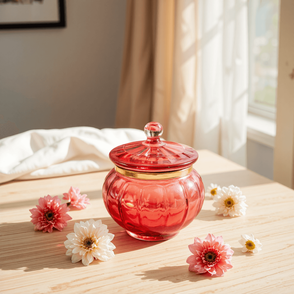 product photography of a decorative glass container with a lid, used for storage or display