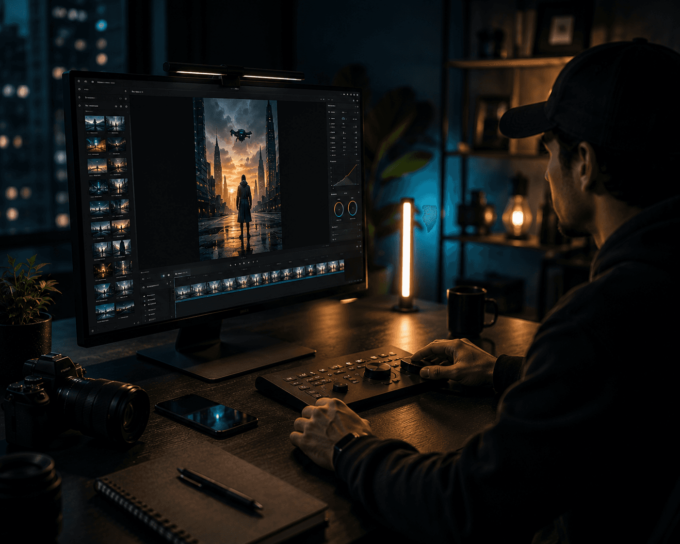 A person sits at a dimly lit desk intensely working with advanced video editing software on a large monitor, surrounded by professional equipment such as a camera and notepad, showcasing video production and AI video technologies in a creative atmosphere by Optima Quality Solutions.