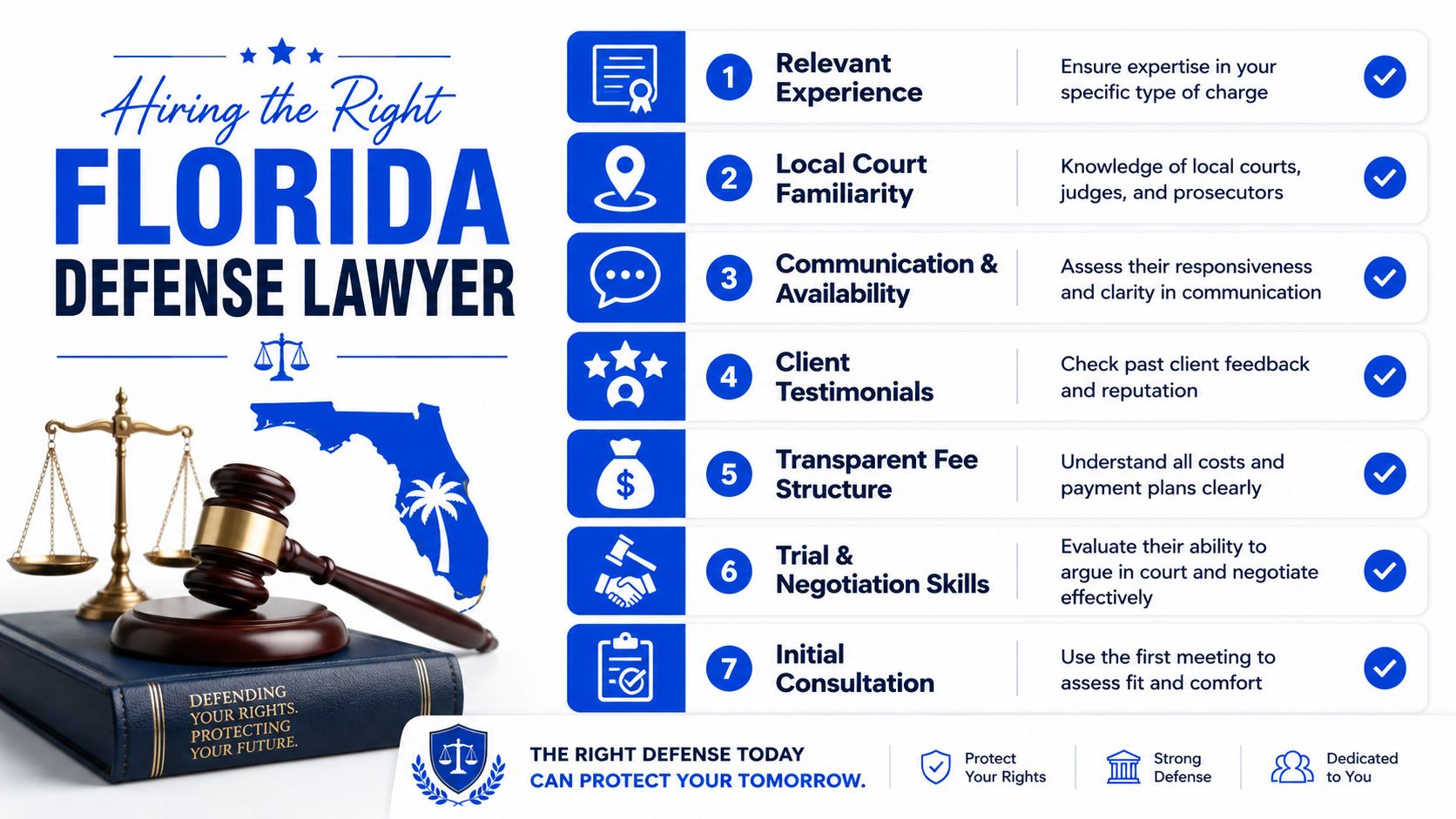 An infographic titled Hiring the Right Florida Defense Lawyer with seven key tips for selecting legal counsel.