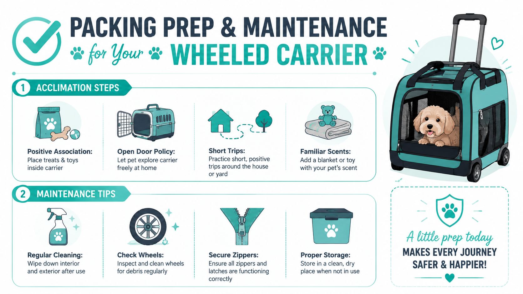 An infographic showing tips for acclimating pets and maintaining a wheeled dog carrier for comfortable travel.