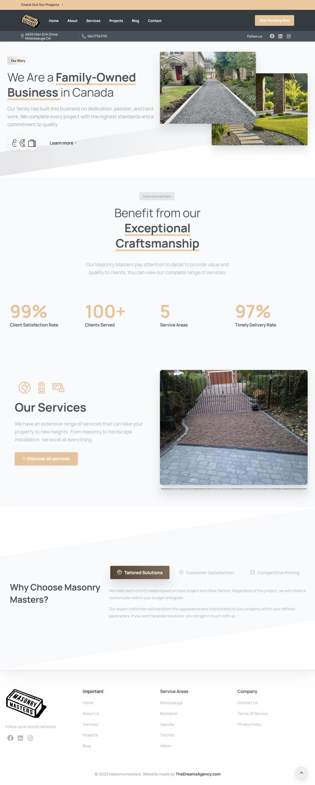 About page for Masonry Masters website developed & designed by Dreams Agency Mississauga, Ontario
