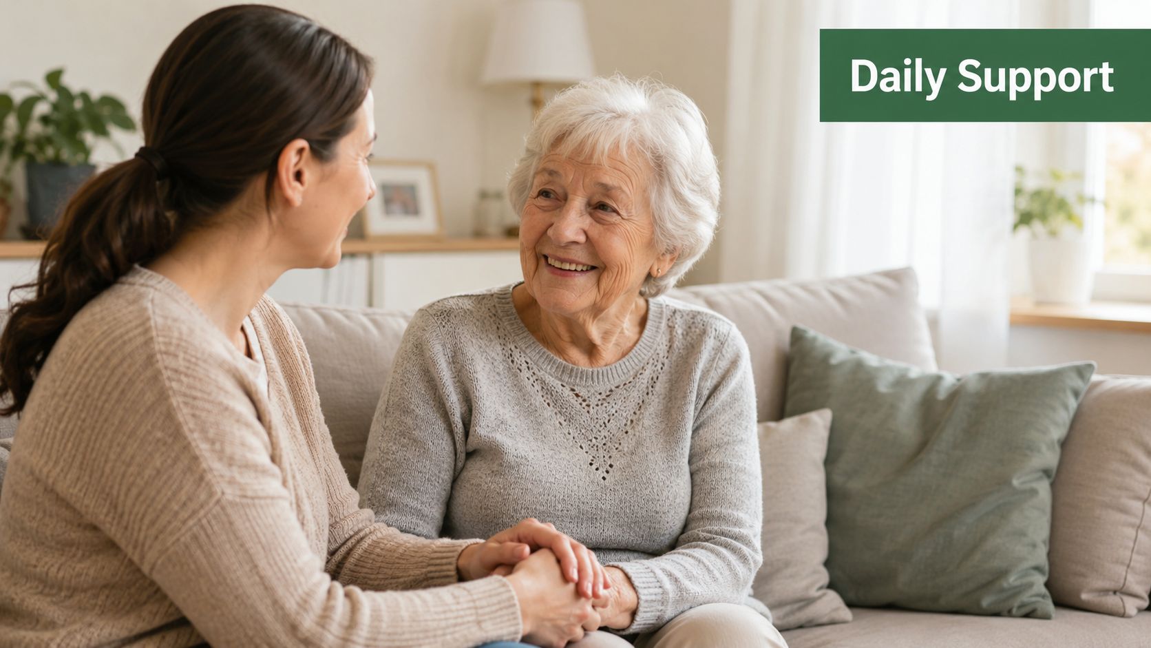 A caring young woman holding hands with a smiling elderly woman while sitting on a couch.