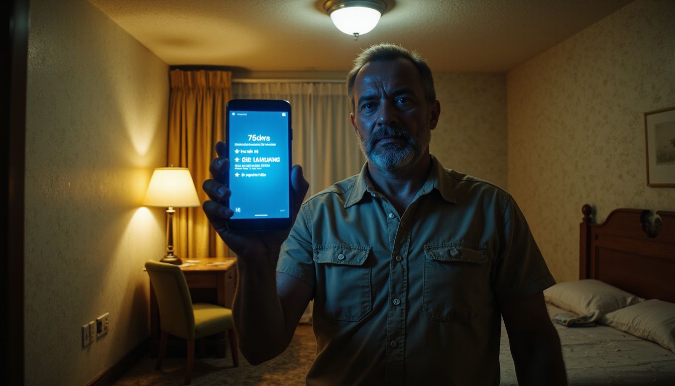 A disappointed man contrasts glowing reviews with a rundown hotel room.