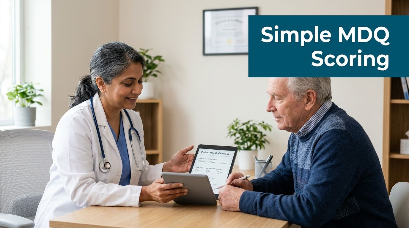A female doctor in a white coat shows a tablet to her senior patient during consultation.