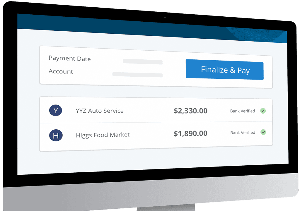 Vendor payment interface showing bank-verified payment queue with amounts ready to finalize for YYZ Auto Service and Higgs Food Market