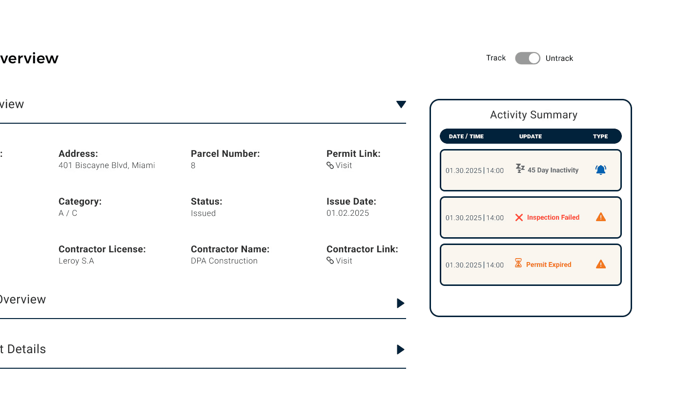 Permit Beacon dashboard showing real-time status alerts, enabling proactive monitoring to stay informed and ahead of potential delays.