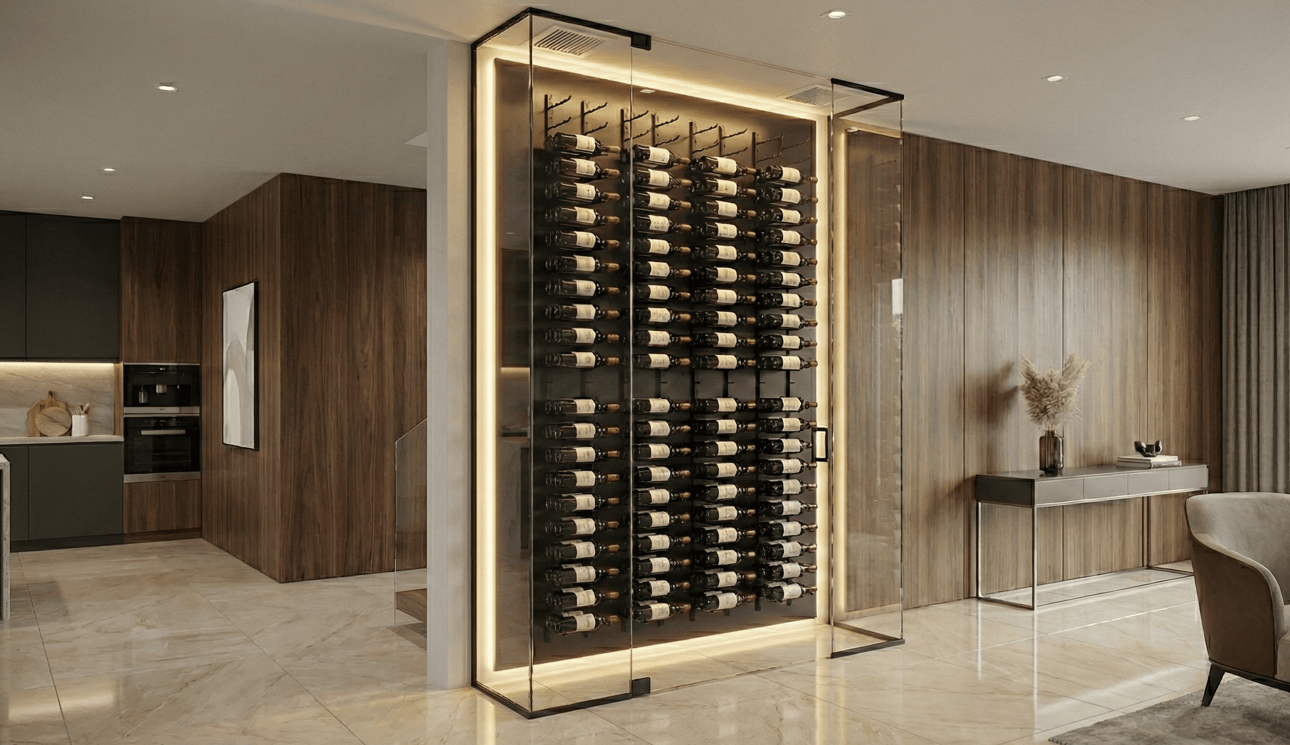 modern glass wine wall in compact space