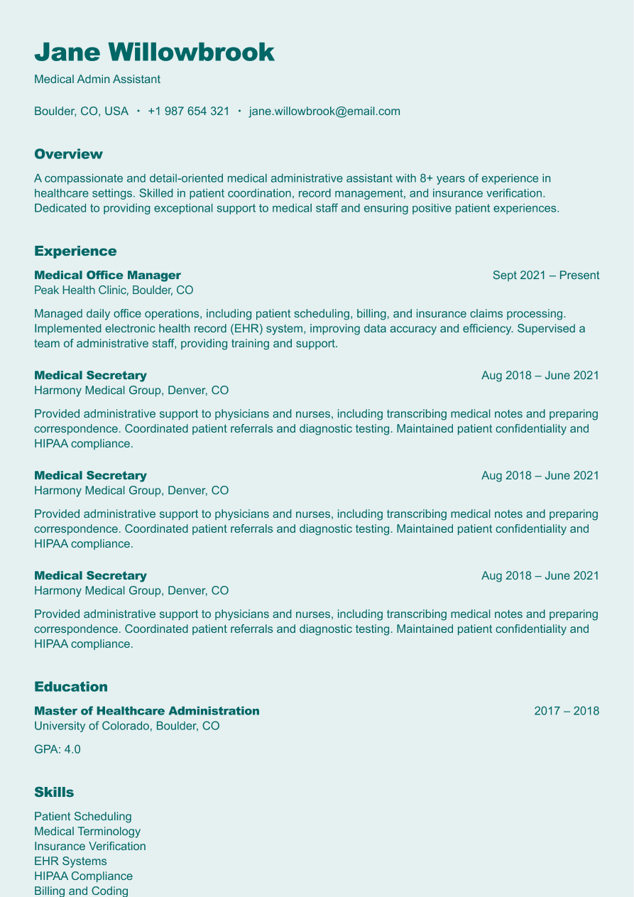 Medical administrative assistant resume example showing scheduling and healthcare administration skills