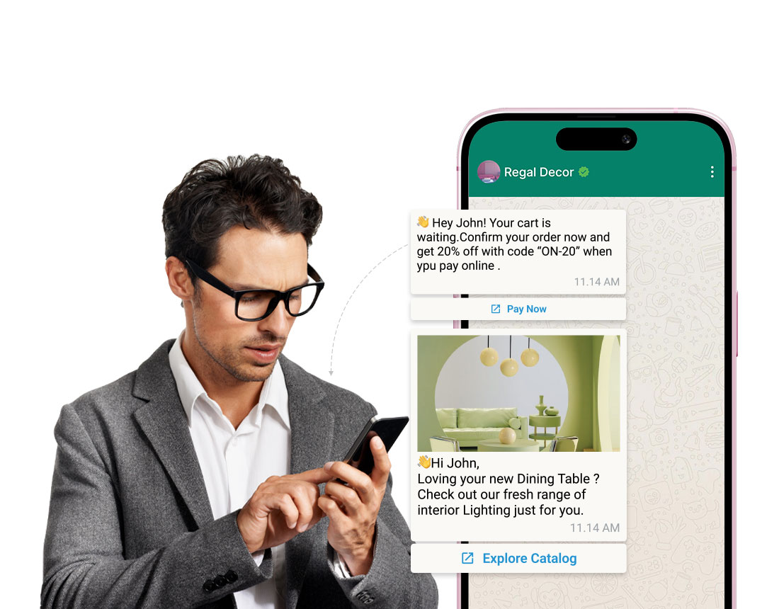 Digital illustration showing a man wearing glasses looking at his smartphone, with a WhatsApp chat from "Regal Decor" displaying a cart reminder with a discount code, an image of interior lighting, and a catalog link.