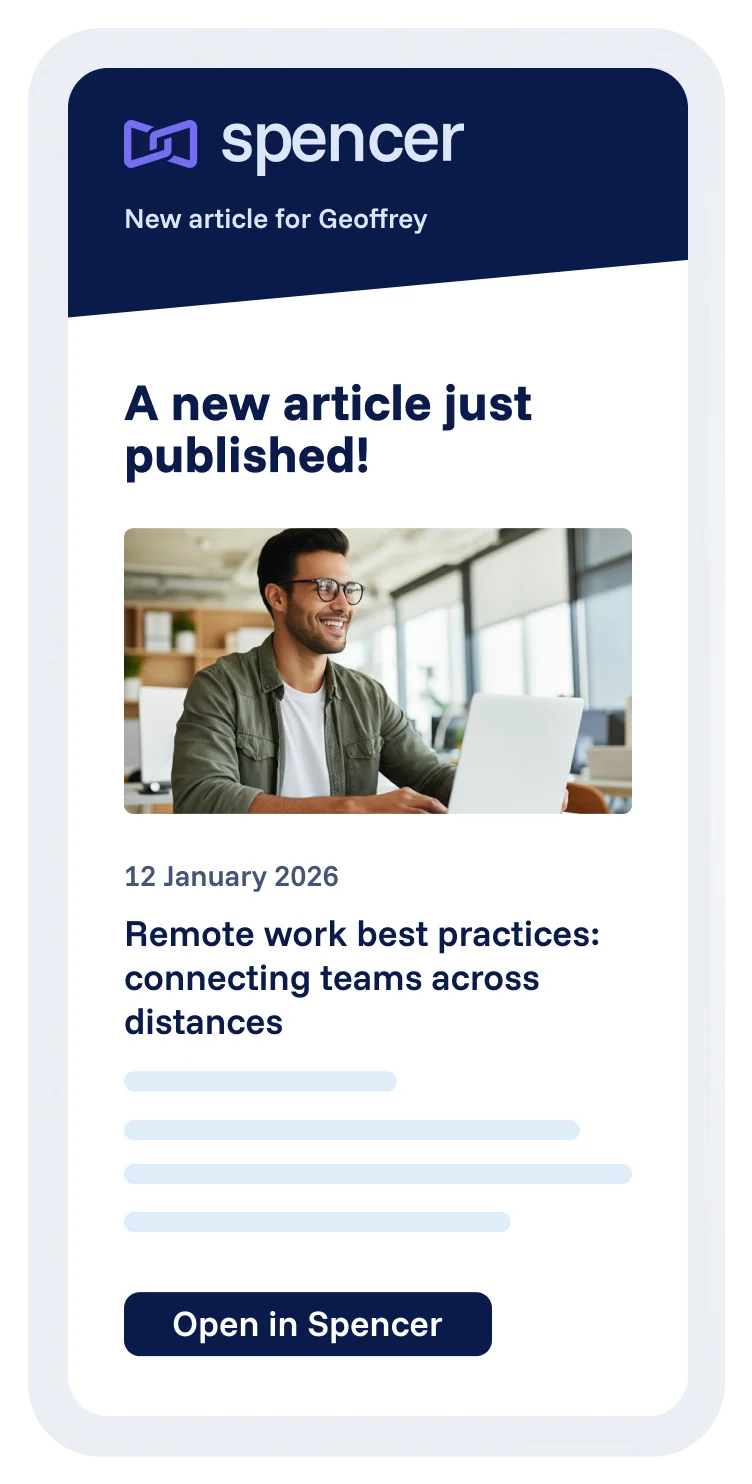 Spencer automated newsletter with notification of a new article, image, date, and button to open the article