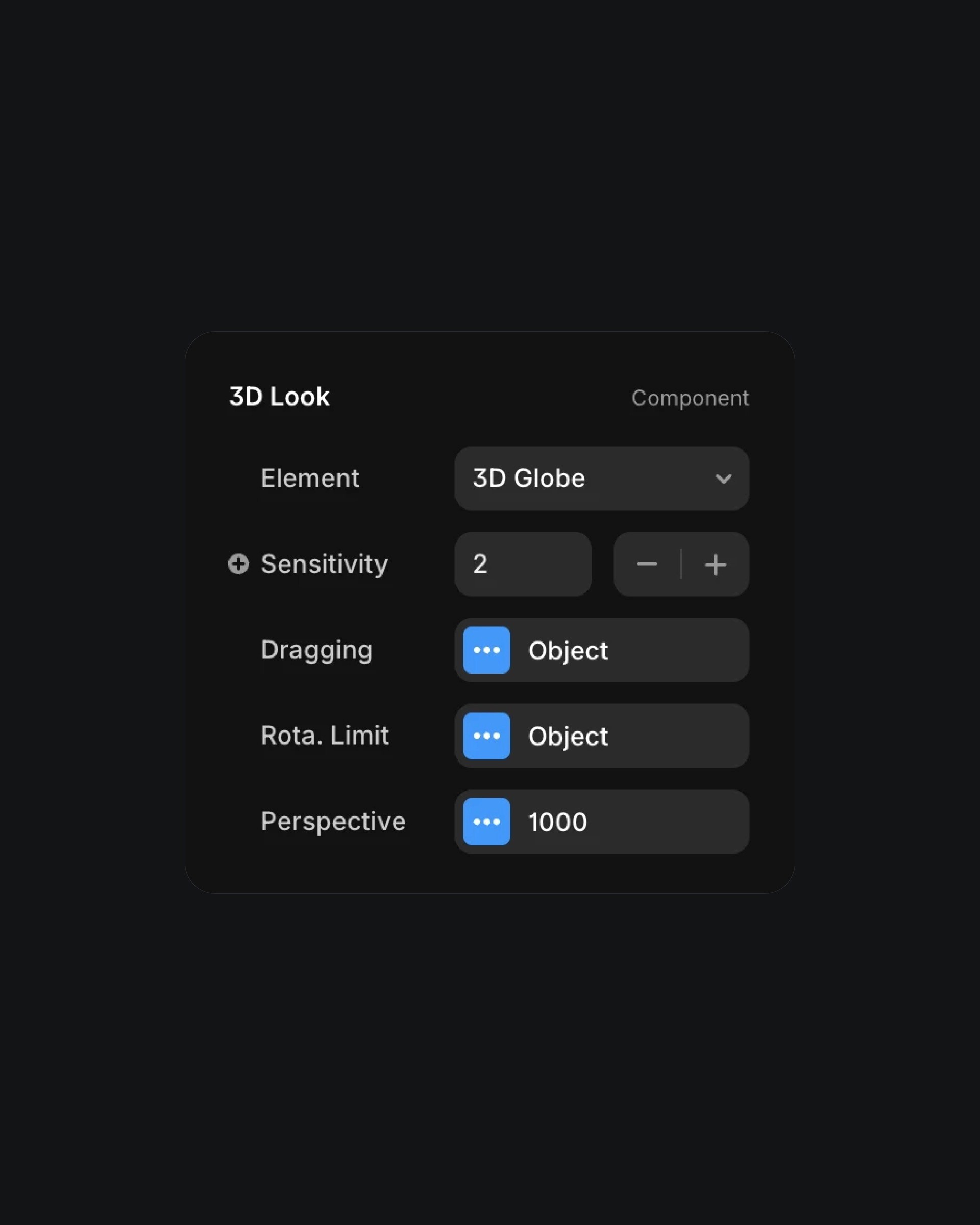 3D Look component settings with options for sensitivity, dragging, rotation limit, and perspective