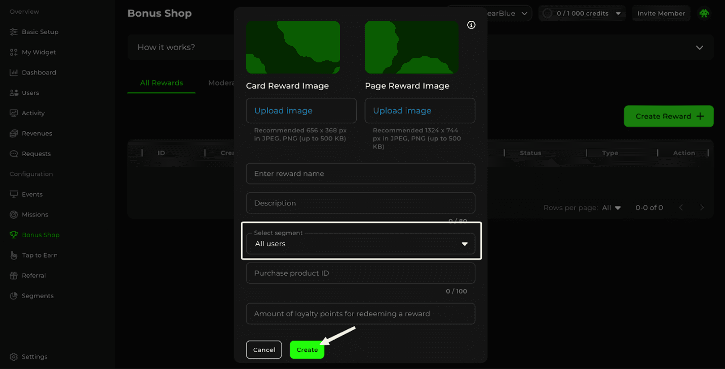Enable3 "Bonus Shop" admin configuration screen with "Create Reward" modal: upload fields for Card Reward Image and Page Reward Image (recommended 656x368px and 1324x744px), reward name and description inputs, "Select segment" dropdown set to All users, Purchase Product ID field, and "Amount of loyalty points for redeeming a reward" input — illustrating the no-code reward creation workflow within Enable3's Bonus Shop module