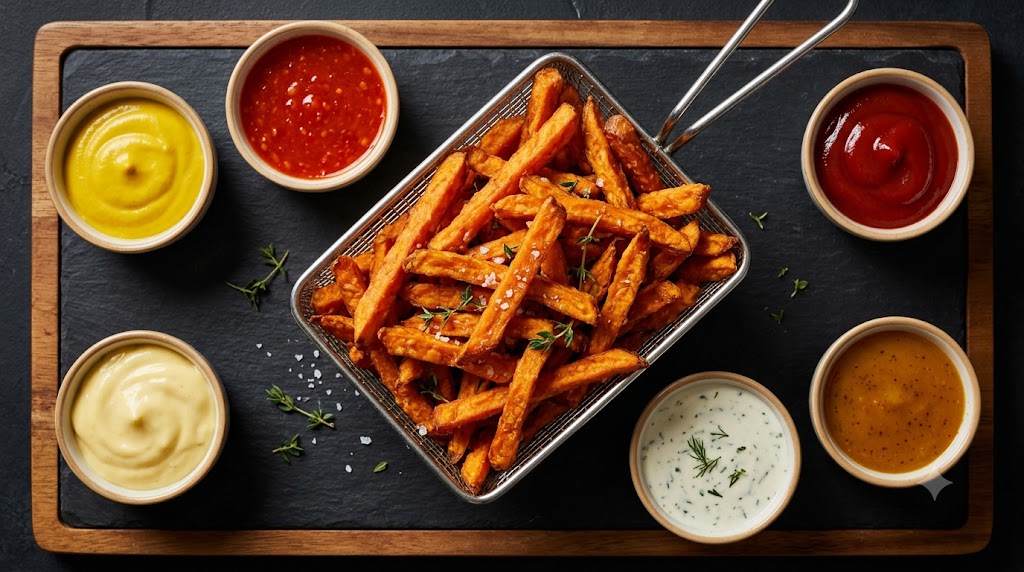 An overhead view of a gourmet platter featuring a wire basket of crispy sweet potato fries seasoned with herbs and sea salt, surrounded by six colorful dipping sauces including ketchup, mustard, aioli, ranch, and sweet chili, on a slate board.