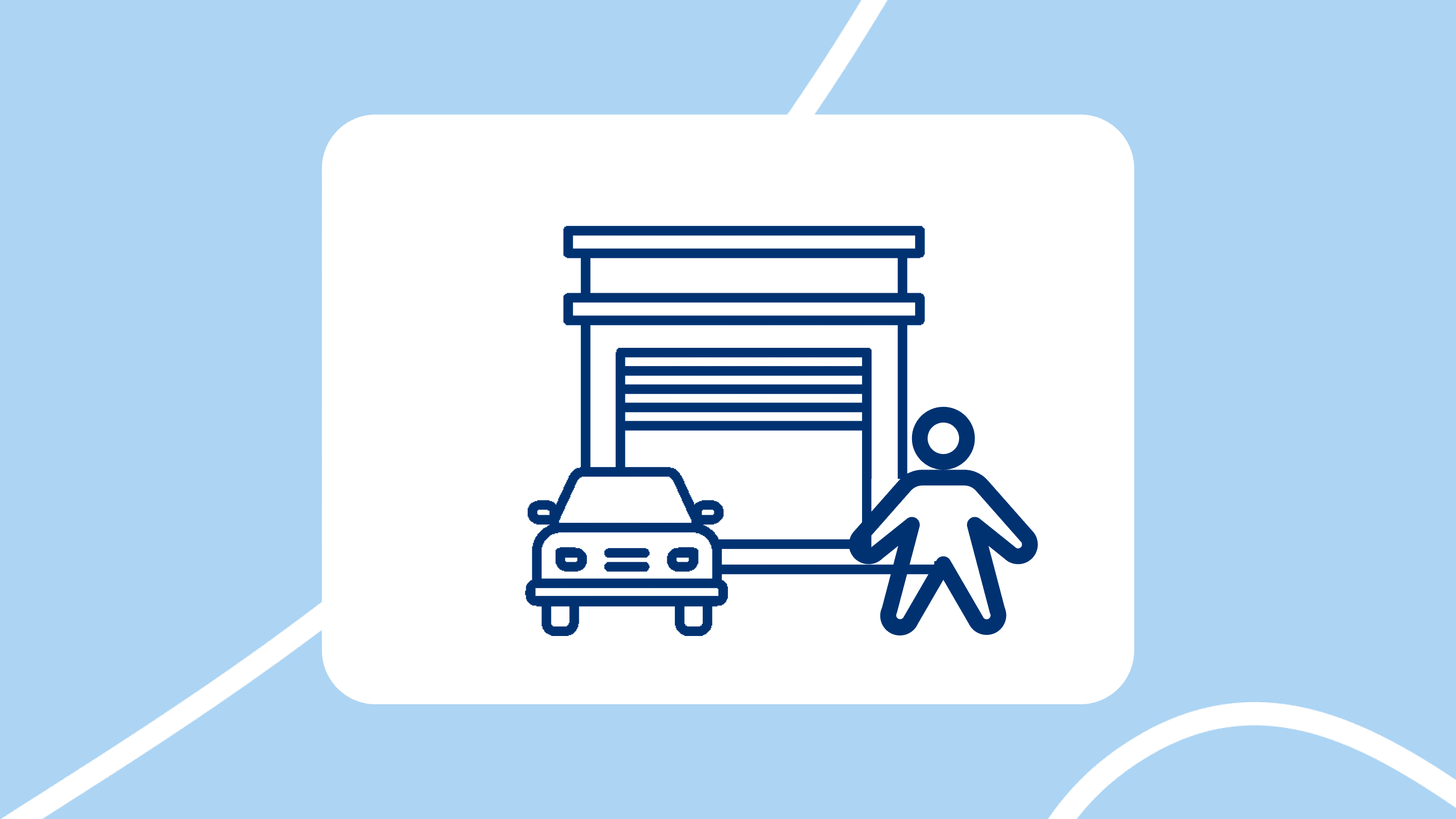 Ilustración en estilo lineal de un concesionario (garaje con persiana) con un coche delante y una persona a su lado, sobre fondo azul claro.