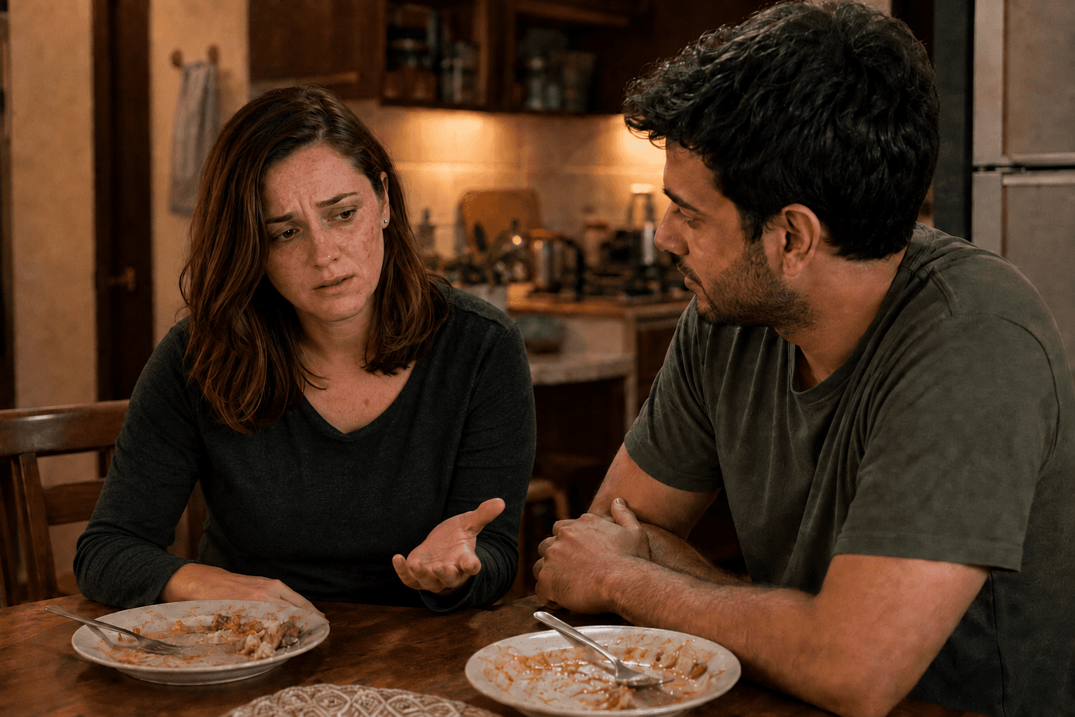 The woman with visible facial acne speaks while her fiancé listens at dinner