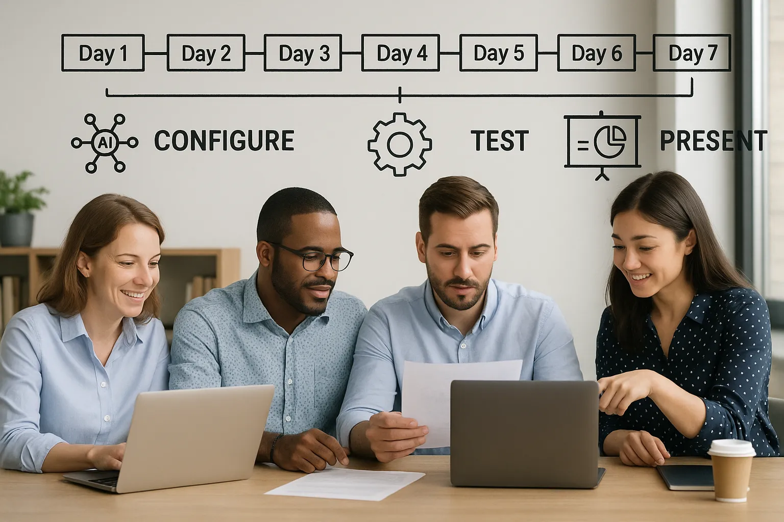 Illustratie van een tijdlijn waarop een mkb-team in zeven dagen een AI-workflow configureert, test en presenteert.