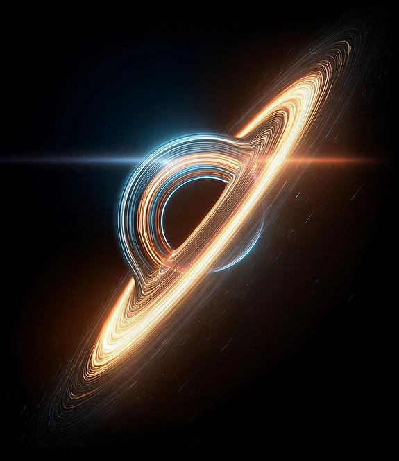 Dramatic digital illustration of a black hole with swirling accretion disk in glowing orange and cool blue light against deep space.