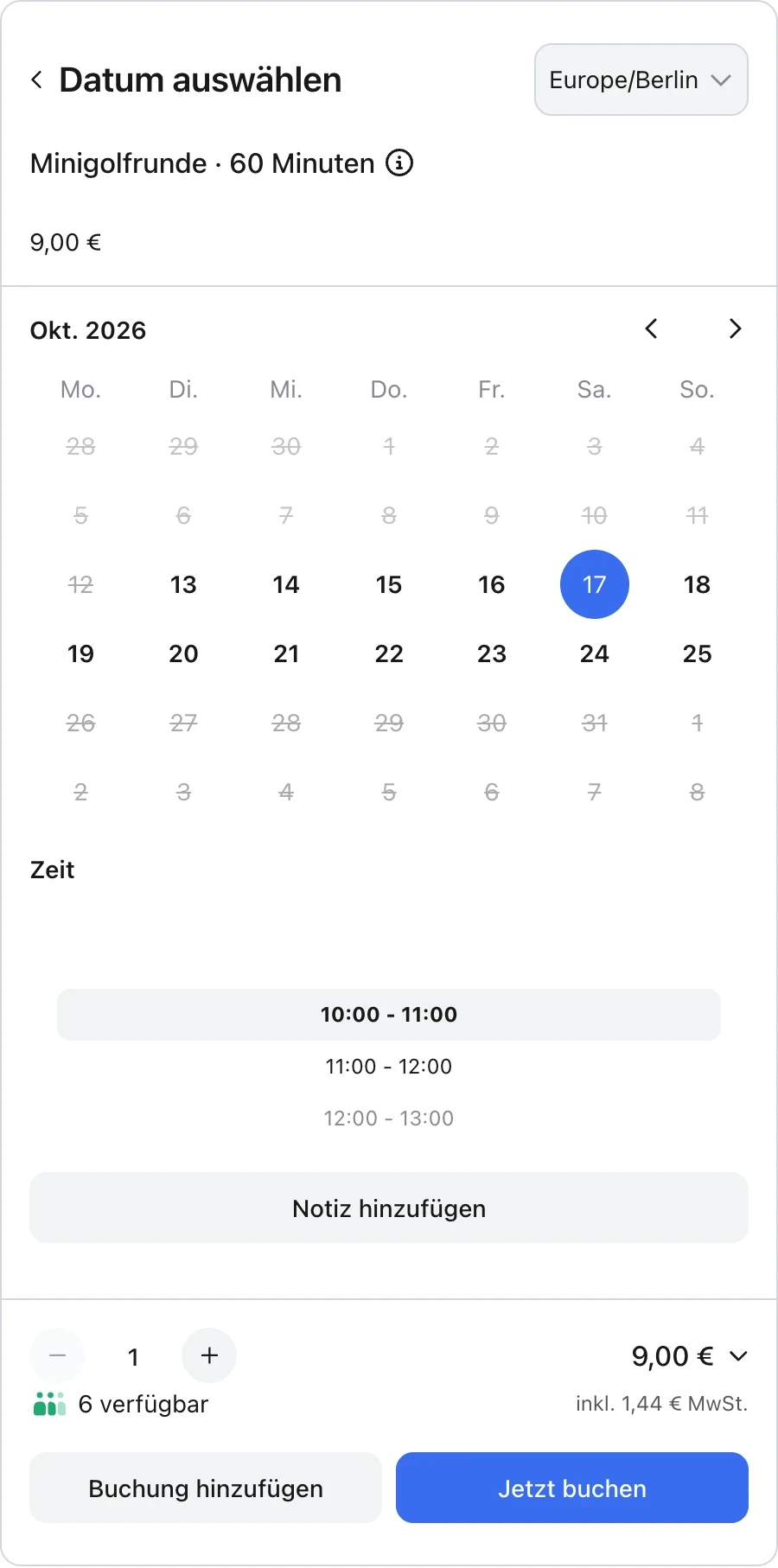 Echte anny Buchung einer Minigolfrunde im fiktiven Lindenpark am 17. Oktober, 10–11 Uhr, für 9 € pro Person