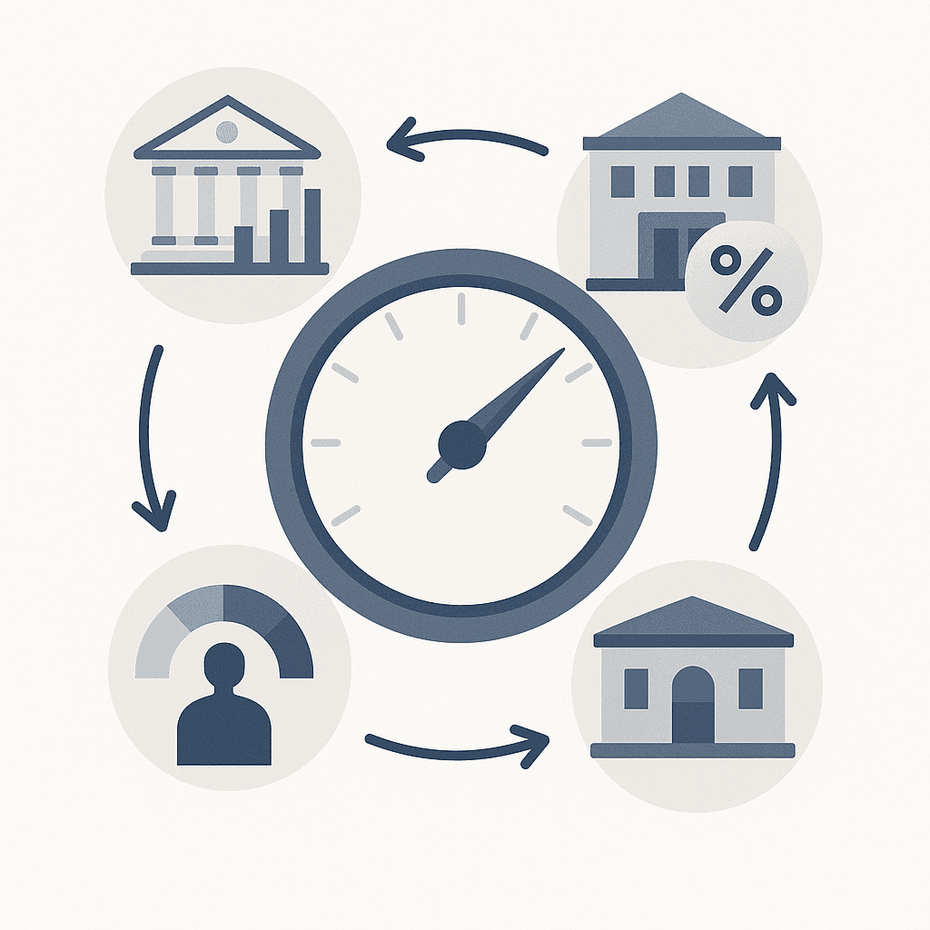 Radial diagram showing macroeconomy, lenders and borrower profile feeding into a central mortgage rate gauge