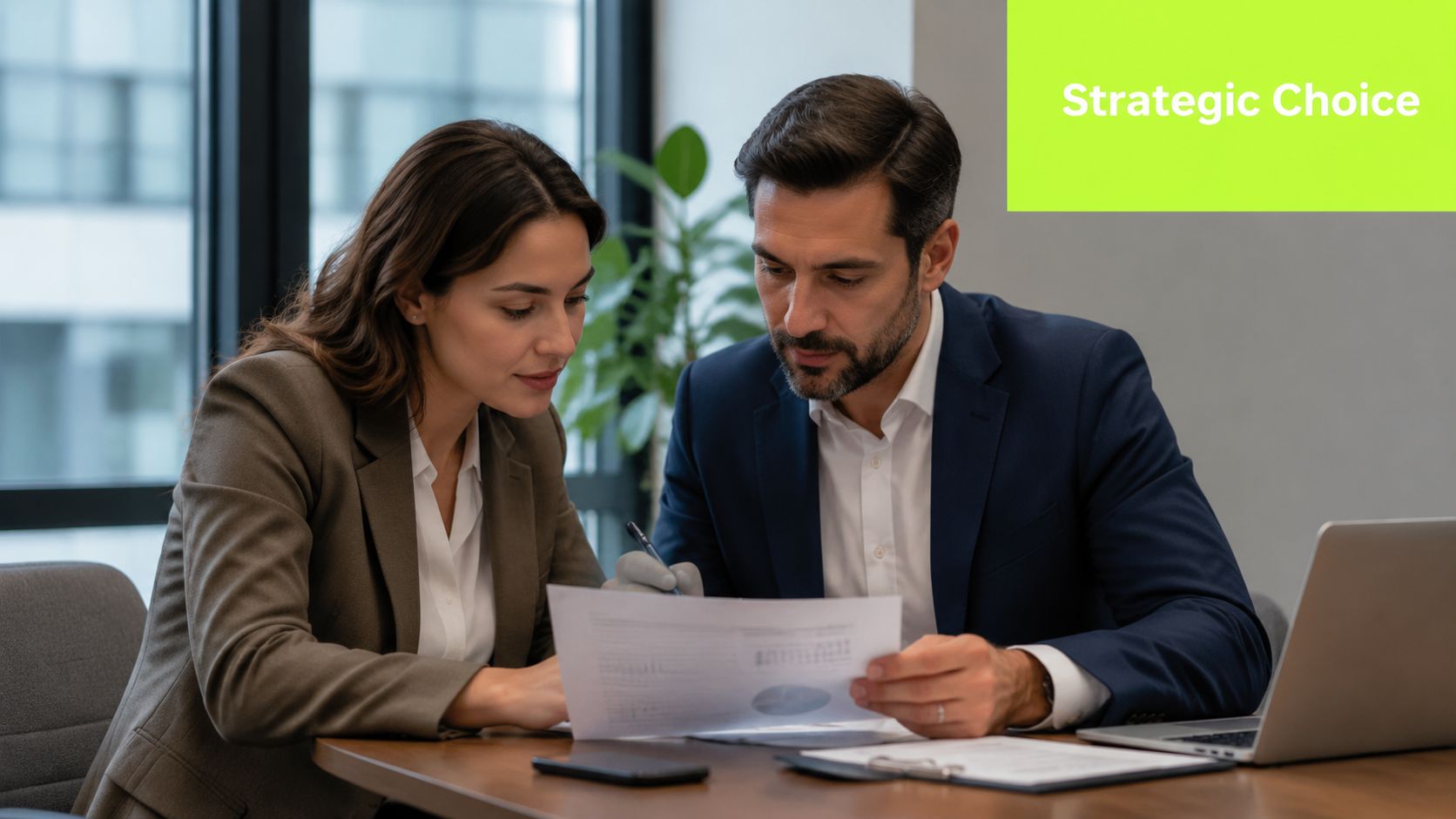 A professional man and woman discussing documents at an office desk during a strategic business meeting.
