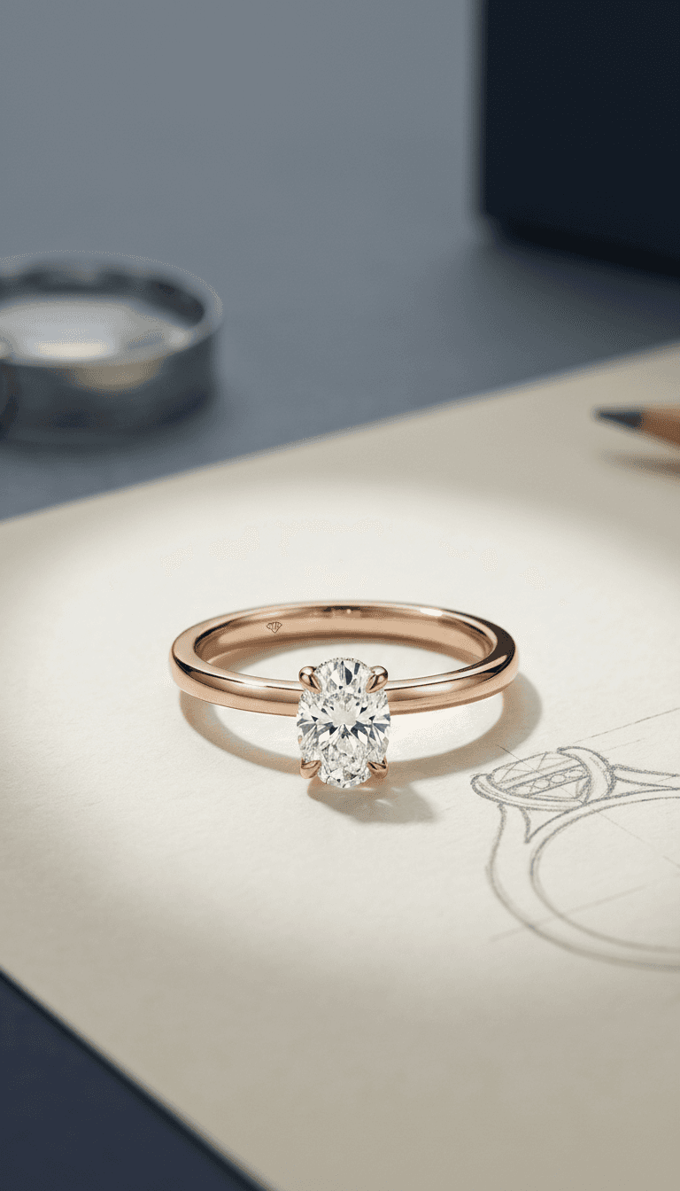 Rose gold oval diamond solitaire ring on sketchbook with design drawing