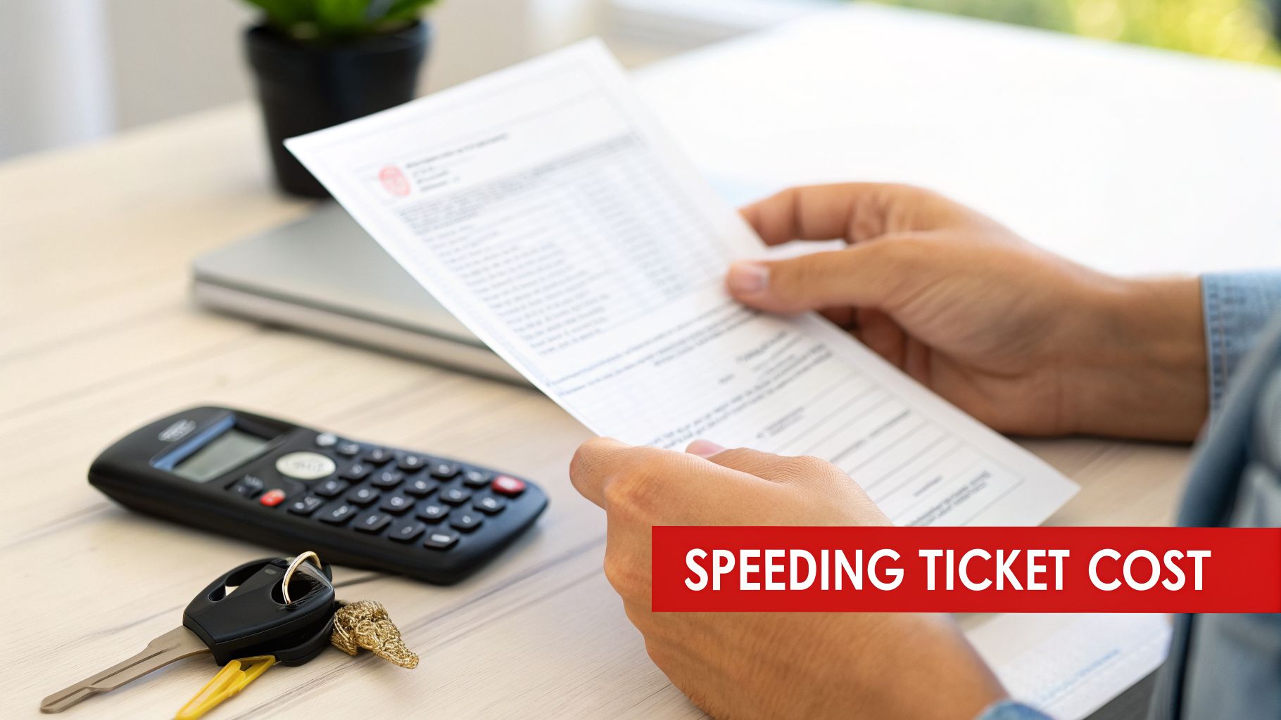Hands reviewing a speeding ticket bill, with car keys, a calculator, and a laptop on a desk.