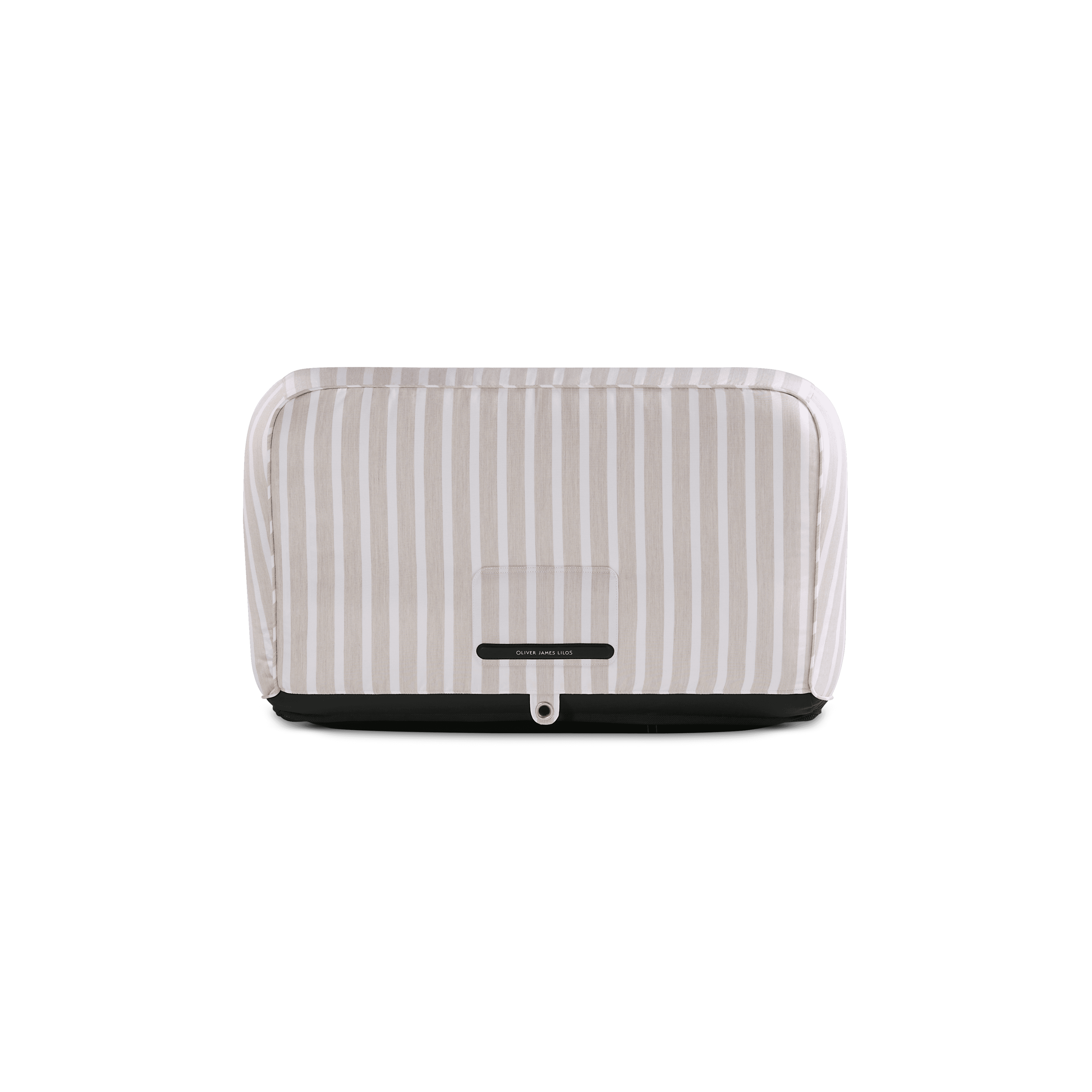 Back-facing pool float in beige-and-white stripe canvas showing quilted panels, branded label, and stainless eyelet