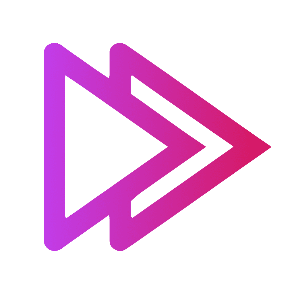 SpatialCut logo. Gradient play button logo featuring two overlapping right-facing triangles in shades of purple and pink, symbolising forward movement and media playback. 