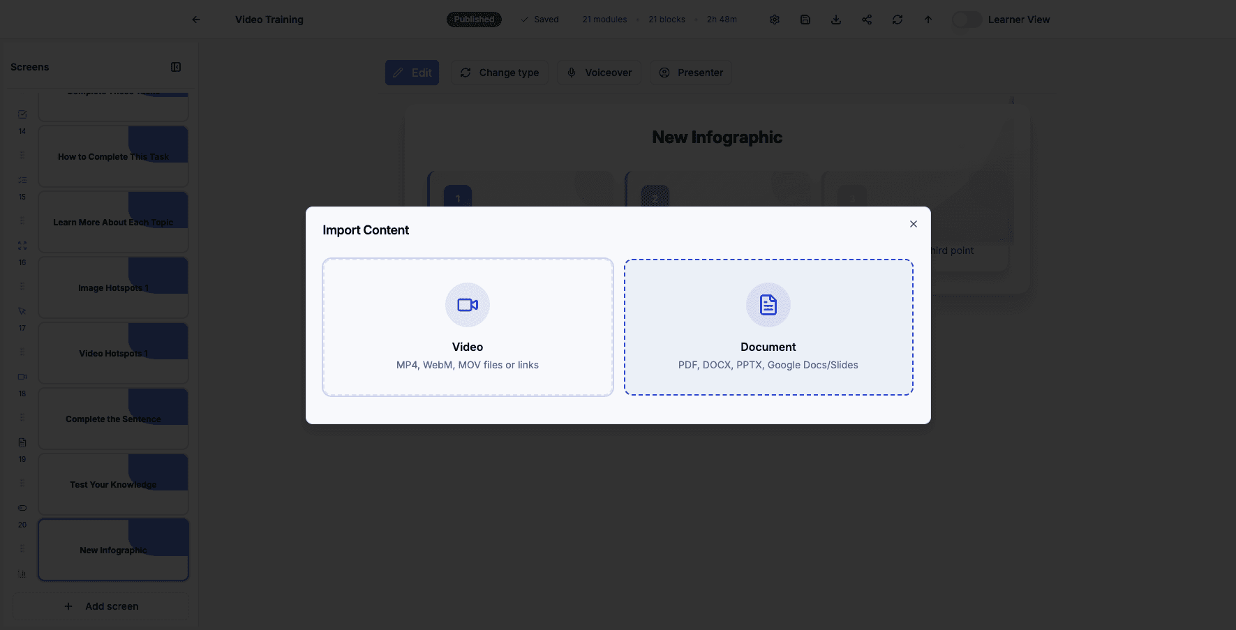 Click Document to upload files from your computer or cloud storage.