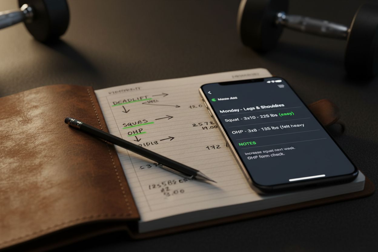 A gym notebook beside a phone showing workout notes