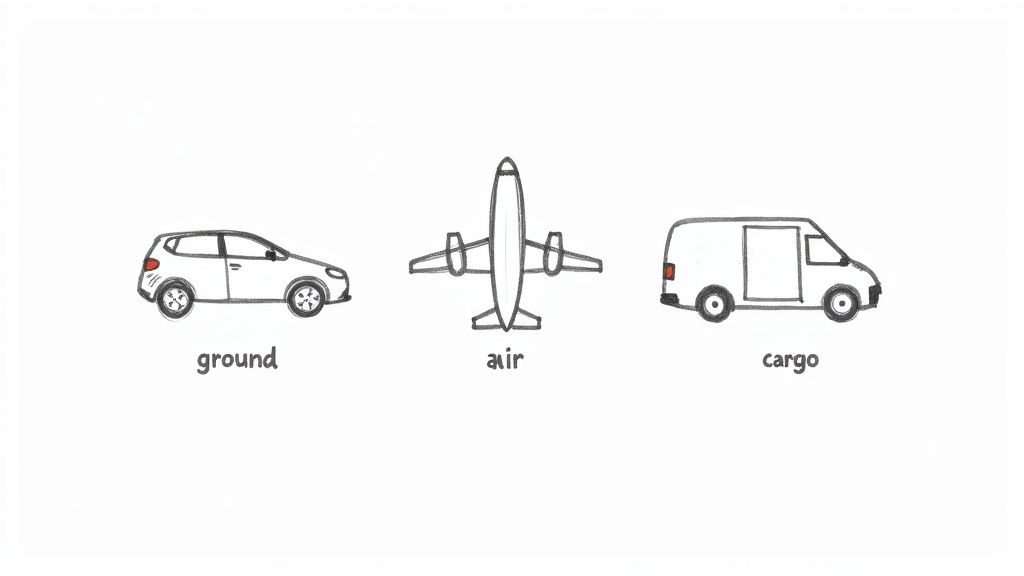 Hand-drawn illustrations of a car, airplane, and cargo van with labels 'ground', 'air', and 'cargo' respectively.