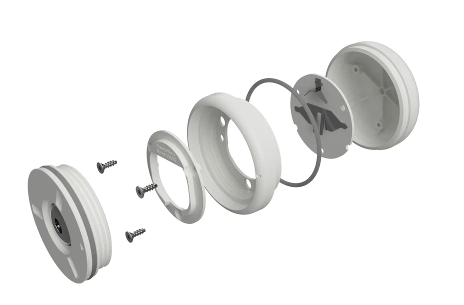 PneumoWave exploded view showing internal components of wearable respiratory monitoring device, illustrating precision medical hardware engineering and enclosure design.