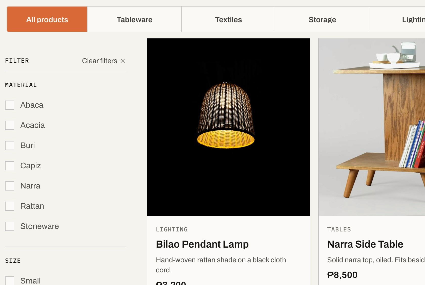 Kamayari shop page with category tabs, material filters and product cards