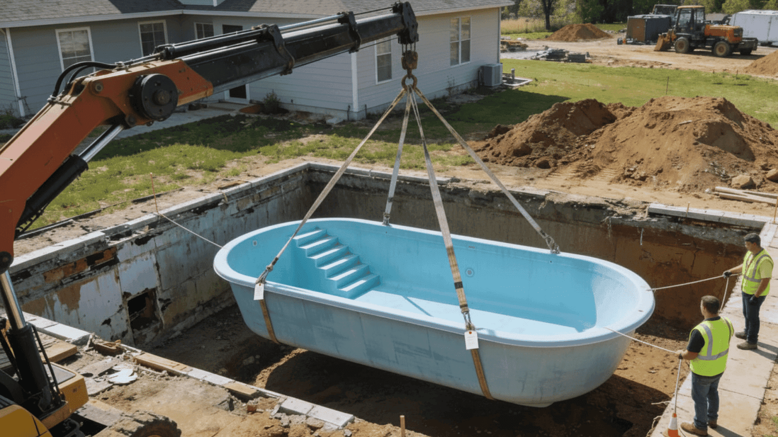 Installing fiberglass pool shell during liner pool conversion