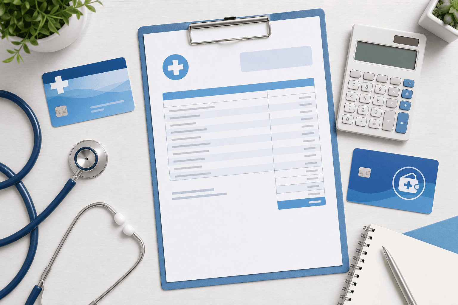 Clean modern healthcare billing concept showing insurance card, medical invoice with itemized costs, calculator, and HSA/FSA payment card arranged on a light desk, soft natural lighting, professional medical office aesthetic, top-down view, calming blue and white color scheme