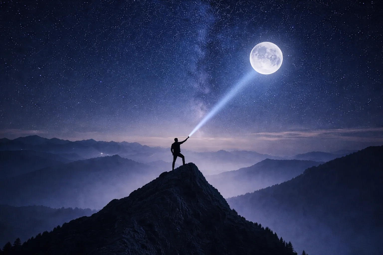 A man that lighten the moon with a flashlight