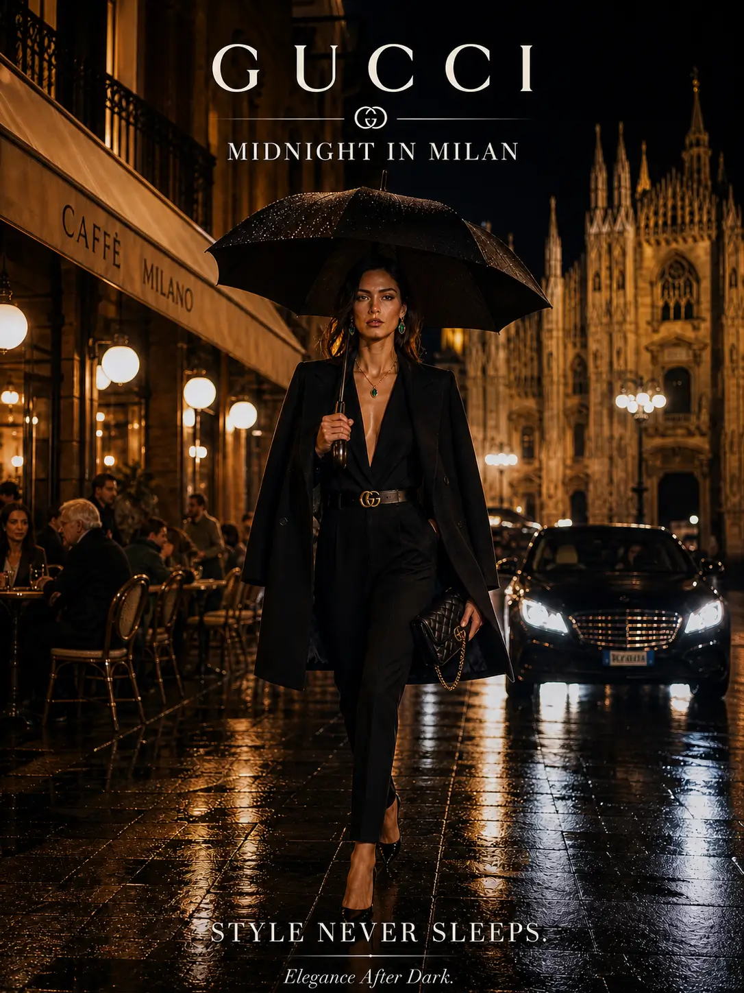 AI-generated Gucci fashion poster of a confident woman walking through a warm city street at night, highlighting elegance and modern luxury.