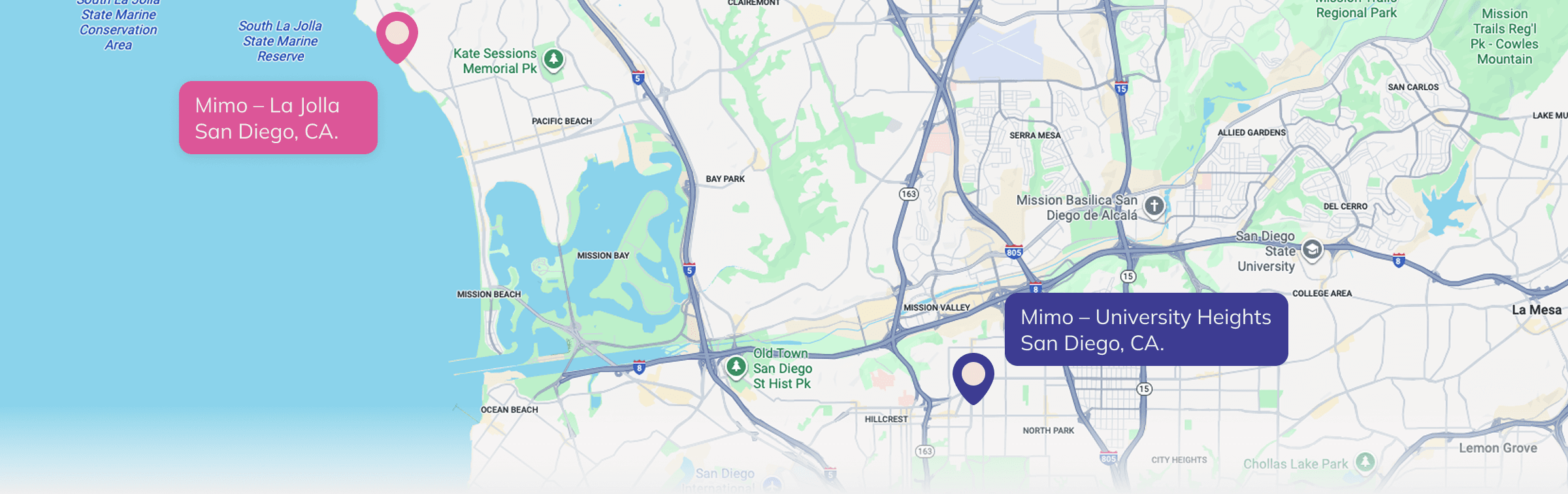 Map of San Diego showing Mimo locations in La Jolla and University Heights to highlight accessibility and vibrant coastal presence.